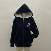 LIZAKOSHT  -  American Vintage Punk Embroidery Cross Autumn Winter Cardigan Hooded Sweatshirt Jacket Fleece Streetwear Black Long Sleeve Coat